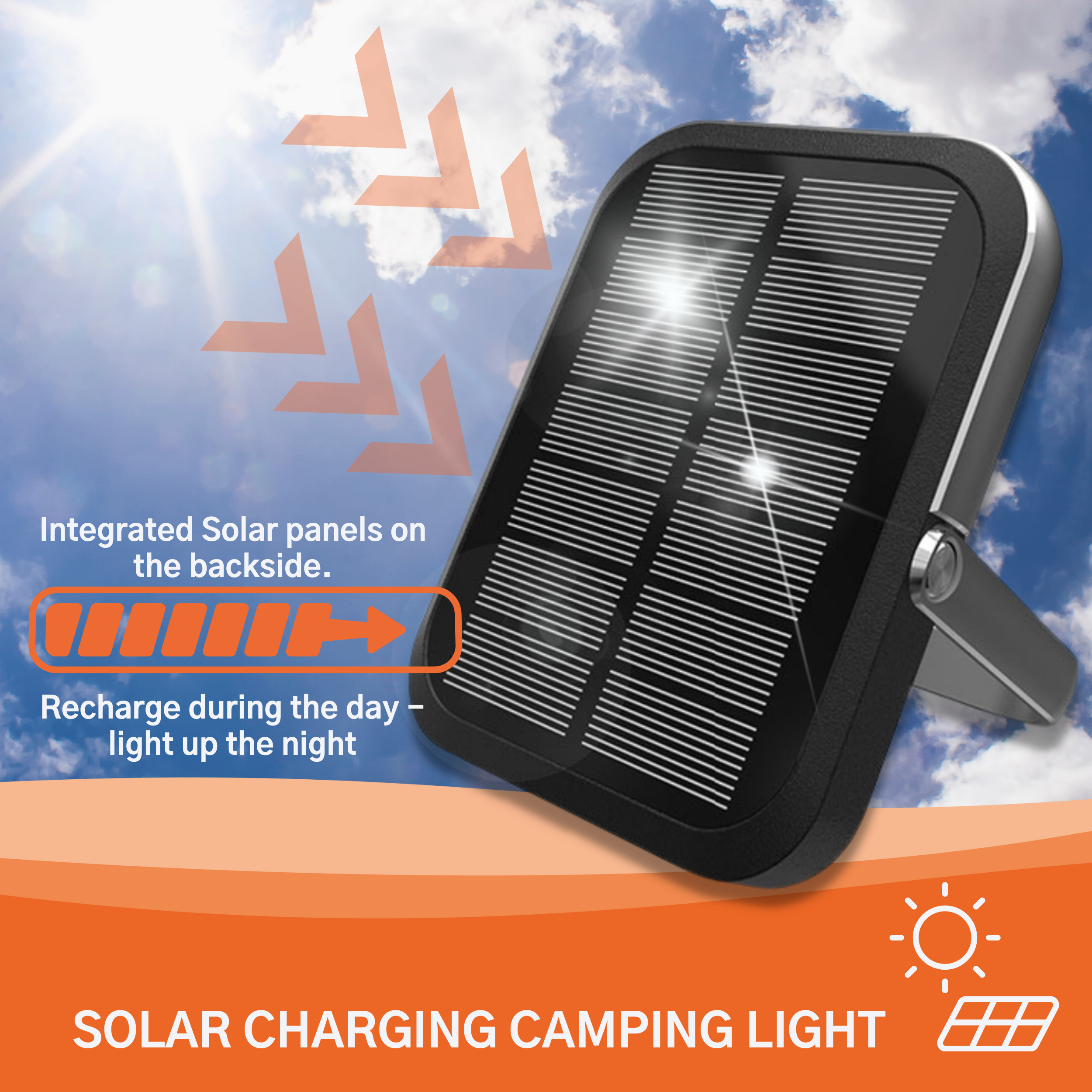 Solar Camping Light, with 30.000 mAh battery and integrated solar panels